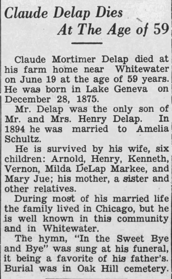 DeLap Claude Obituary 04 July 1935 Lake Geneva Regional News Wisc
